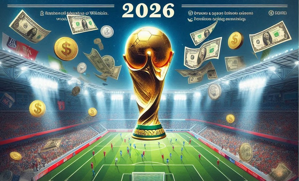 Imagen de portada de un artículo periodístico sobre 'El gran negocio de la Copa Mundial de fútbol 2026'. La imagen debe mostrar un estadio de fútbol imponente, lleno de luces y con una multitud emocionada. En el fondo, resalta un gran cartel que diga 'Copa Mundial 2026'. En primer plano, incluye símbolos de dinero como monedas y billetes esparcidos, y elementos representativos del marketing y los patrocinios como logos de marcas famosas y banners publicitarios. Los colores deben ser vibrantes y transmitir la energía y la magnitud del evento